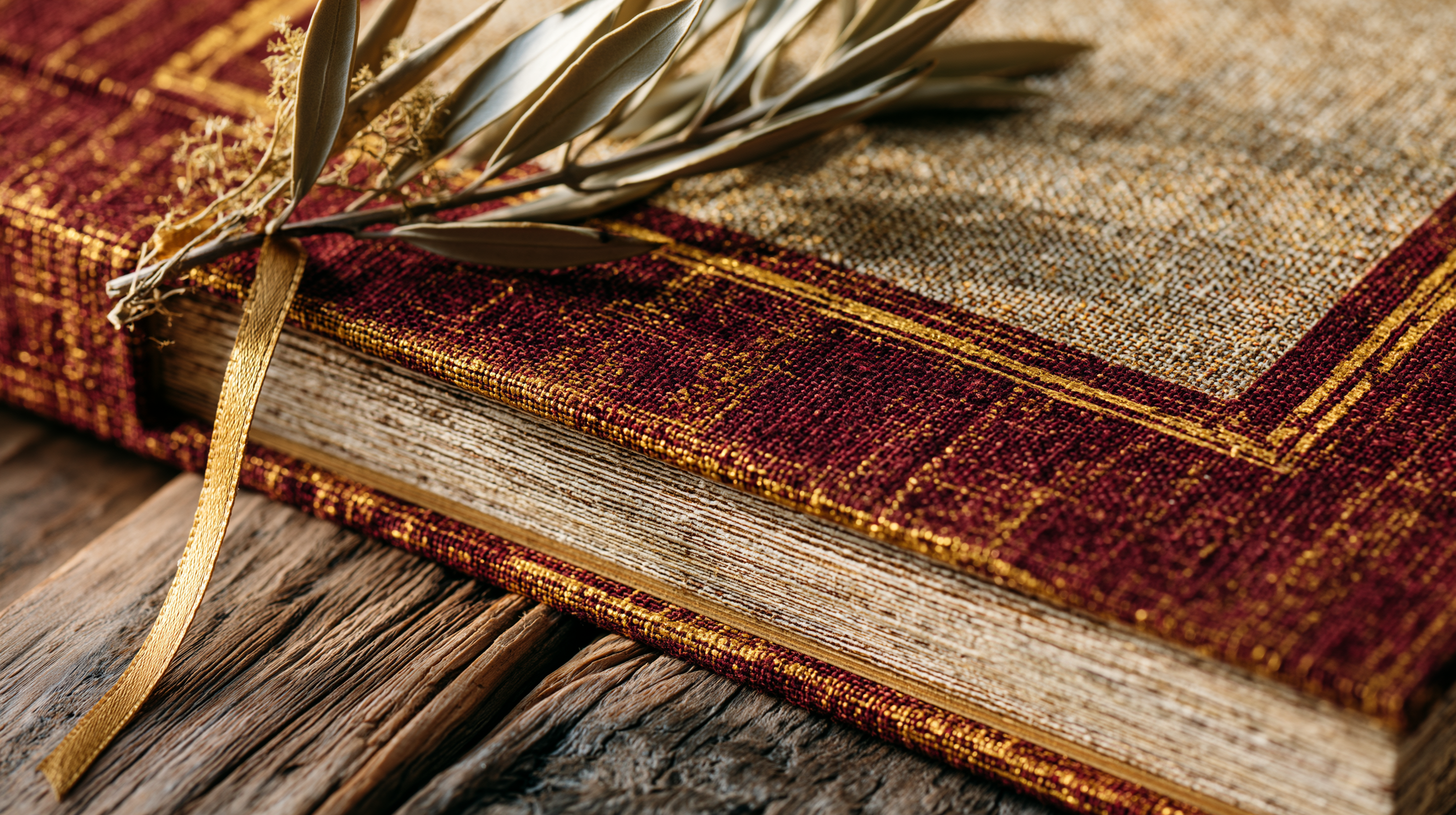 A burgundy-and-gold cloth-bound heirloom book with gilded edges and a dried olive sprig