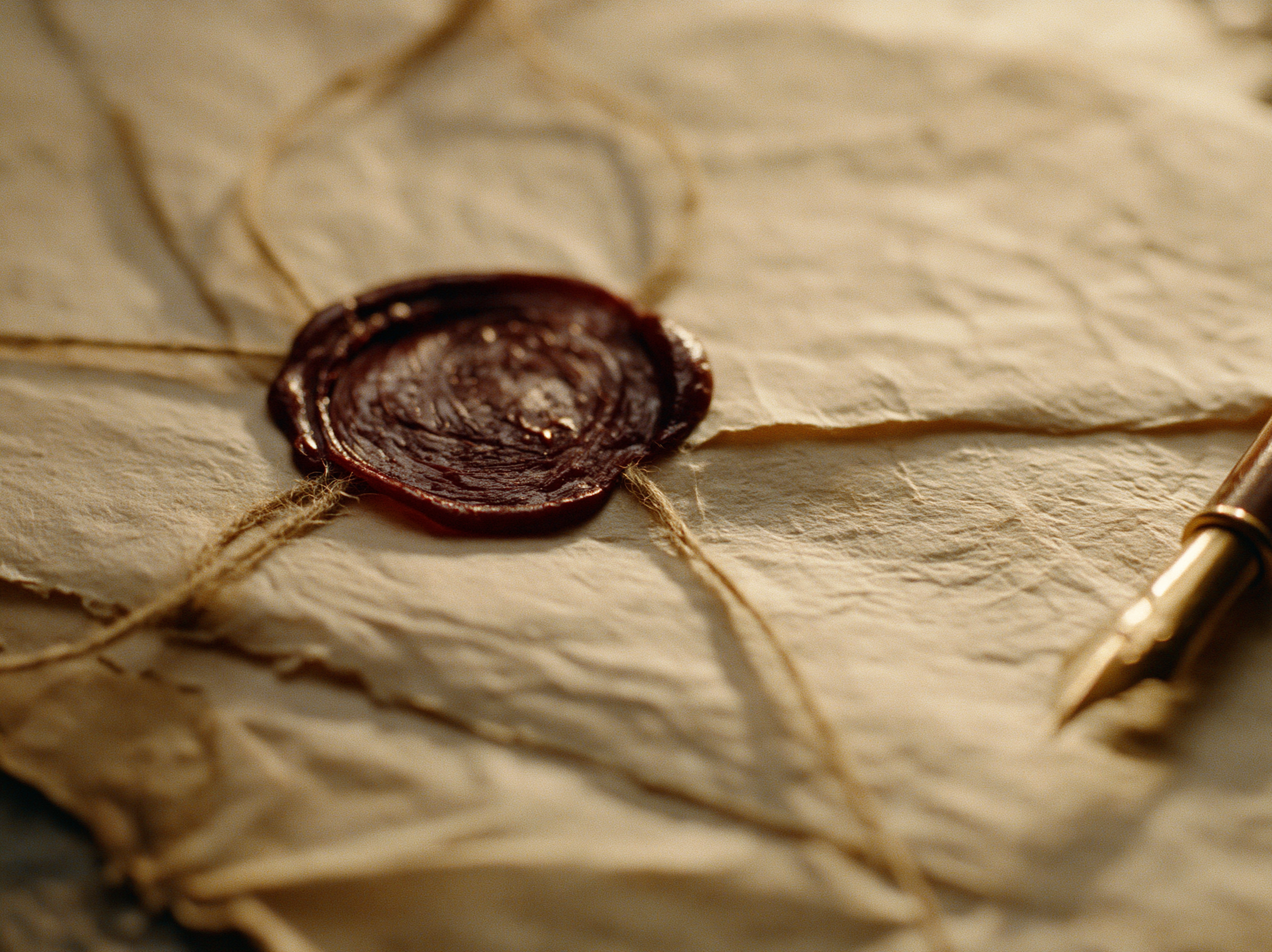 A deep crimson wax seal on aged parchment, tied with twine, beside a fountain pen