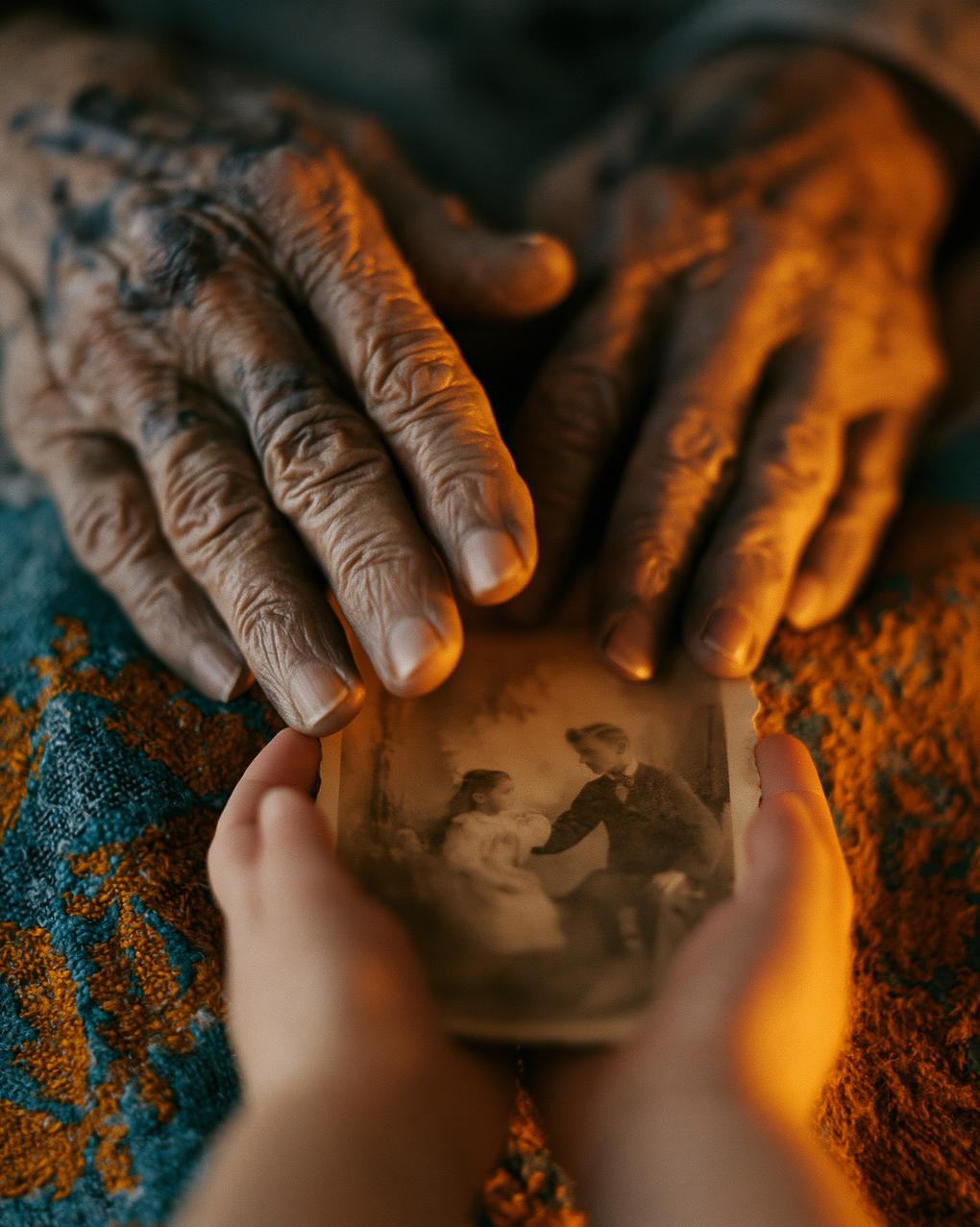 Weathered hands and a child's hands together, holding an old family photograph